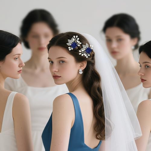 Wedding Hair Accessories Hair pieces Set Crystal bridal hair pins Rhinestone Pearl hair comb Brides and Bridesmaids, Girls, Women(（4PCS/SET BLUE) - color: blue