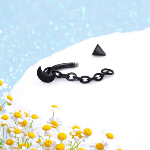 3 Pcs 316L Stainless Steel 16G Tragus Helix Rook Piercing Jewelry with Chain, Cartilage Earrings for Women, Belly Button Ring Vertical Labret Lip Piercing Jewelry - color: Black, size: Moon