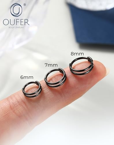 OUFER Nose Rings Hoops, 20G Double Rows Hoop Nose Ring For Women, 316L Surgical Steel Hinged Segment Cartialge Piercing, Inner Diameter 6/7/8MM Cartilage Rook Helix Lobe Tragus Earrings - color: Black