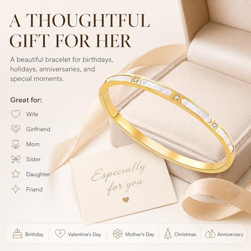 ZEZE++ Gold cuff bracelets for women - Mother of Pearl and Cubic Zirconia Bangle, High Polished Stainless Steel, Perfect for Wedding, Party, and Gift for Her - color: Gold