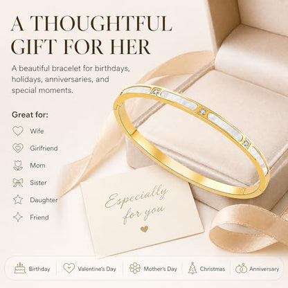 ZEZE++ Gold cuff bracelets for women - Mother of Pearl and Cubic Zirconia Bangle, High Polished Stainless Steel, Perfect for Wedding, Party, and Gift for Her - color: Gold