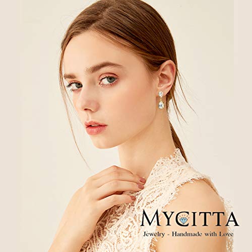 Pave Teardrop Earrings for Wedding Sterling Silver Double Pear Shaped CZ Cubic Zirconia Crystal Rhinestone Birthstone Dangle Earrings Bridal Jewelry for Bride Bridesmaids - color: Luxurious Gold