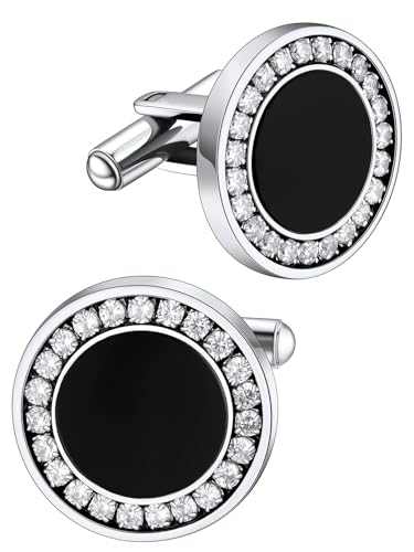 FaithHeart Mens Cufflinks, Norse Viking Tuxedo Shirt Cuff Links, Stainless Steel Cuff Links and Shirt Studs, Gift Box - style: 03. Black Onyx CZ-Silver