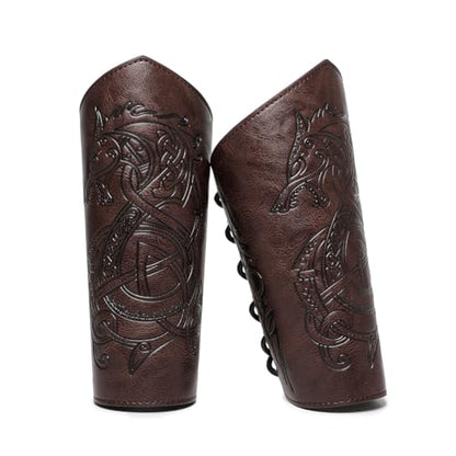 Medieval Leather Bracers Dragon Embossed Viking Leather Bracers Leather Arm Armer Cuff Leather Gauntlet Costumes Accessories - style: Dragon Leather Bracers-dark Brown