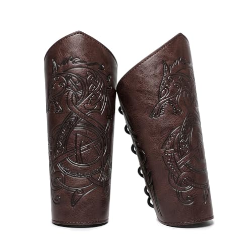 Medieval Leather Bracers Dragon Embossed Viking Leather Bracers Leather Arm Armer Cuff Leather Gauntlet Costumes Accessories - style: Dragon Leather Bracers-dark Brown