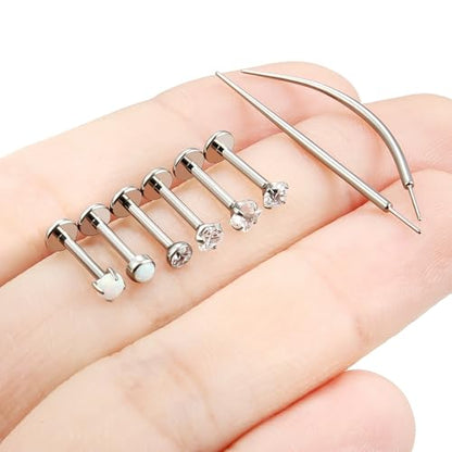 F136 Titanium 20/18/16g Internally Threaded Medusa Monroe Lip Ashley Labret Nose Rings Flat Back Tragus Helix Cartilage Conch Screw Stud Earrings Surgical Steel Piercing Jewelry for Women - color: White CZ, size: 16g*5/16in