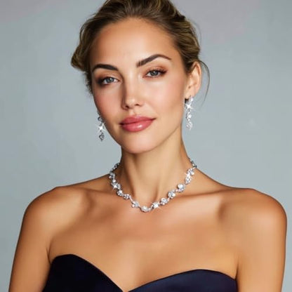 Bride Silver Necklace Earrings Set Crystal Bridal Wedding Jewelry Set Rhinestone Choker Necklace for Women and Brides - color: Silver
