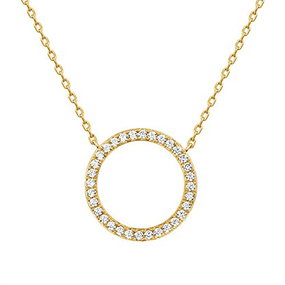 PAVOI 14K Gold Plated Circle CZ Solitaire Necklace | Elegant Bezel Pendant | Dainty Cubic Zirconia Halo Choker Necklaces for Women - style: Halo