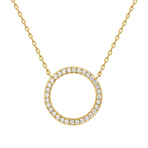PAVOI 14K Gold Plated Circle CZ Solitaire Necklace | Elegant Bezel Pendant | Dainty Cubic Zirconia Halo Choker Necklaces for Women - style: Halo