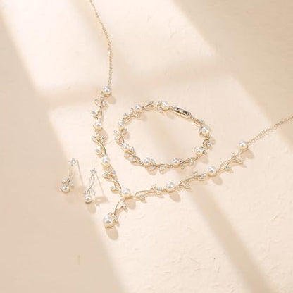 Crysdue Wedding Jewelry Set for Brides Bridesmaid, Cubic Zirconia Teardrop Marquise Leaf Cluster Pendant Necklace Bridal Tennis Bracelet Drop Earrings for Women Party Prom - style: B- Pearl set- gold