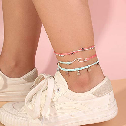 Waterproof String Anklets Cute Beaded Ankle Bracelets Beach Wave Anklet Stainless Steel Coin Boho Ankle Jewelry for Women - color: Teal