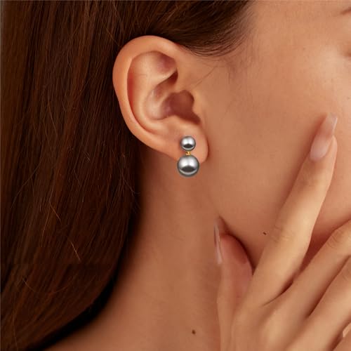 Double Pearl Drop Earrings for Women 925 Sterling Silver | 18k Gold Plated Big Large Pearl Dangle Earrings Pearl Dangling Stud Earring Bridal Wedding Jewelry Birthday Gifts for Mom - color: Grey