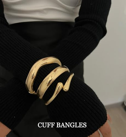 Chunky Gold Bangle Bracelets for Women, 14k Gold Plated Dainty Cuff Stackable Bangles Set, Trendy Bracelet Stack Fashion Jewelry Gifts - color: 03-GOLD