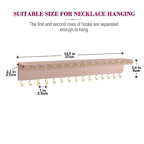 YYILIS Necklace Holder, Upgraded Extra Large Wall Necklace Organizer with 30 Hooks Wall Mounted Necklace Hanger with Jewelry Tray/Cosmetics Shelf Rustic Pine Wood Holder (Pink) | 30 Hooks Wall Mounted Necklace Hanger with Jewelry Tray/Cosmetics Shelf Rust