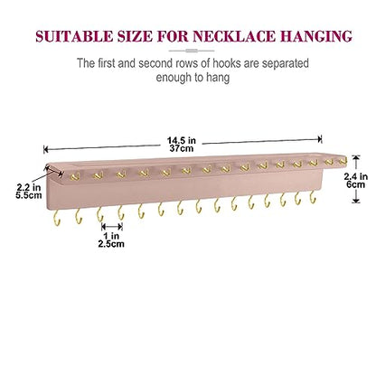 YYILIS Necklace Holder, Upgraded Extra Large Wall Necklace Organizer with 30 Hooks Wall Mounted Necklace Hanger with Jewelry Tray/Cosmetics Shelf Rustic Pine Wood Holder (Pink) | 30 Hooks Wall Mounted Necklace Hanger with Jewelry Tray/Cosmetics Shelf Rust