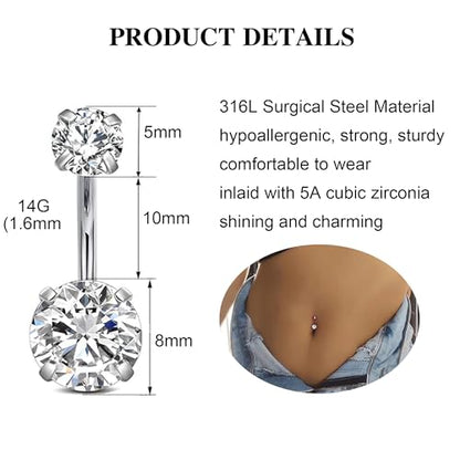7 Pcs Gold Belly Button Ring Dangle for Women Hypoallergenic Surgical Stainless Steel Dangling Belly Rings Butterfly Heart CZ Cute Long Belly Button Piercing Dangly Navel Piercings Pack Belly Piercing Jewelry - color: silver