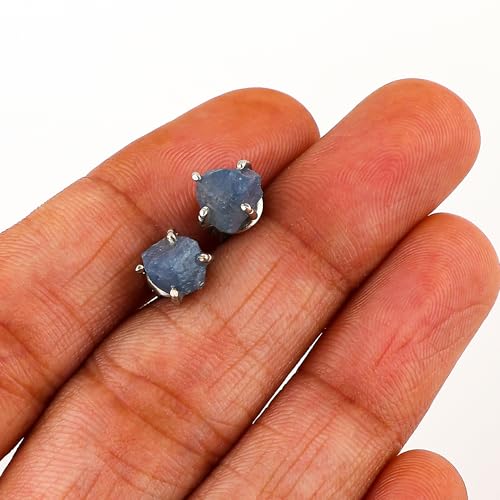 YASHEE Natural Sapphire Crystals Stud Earring, Raw Stone, Chakra Energy Healing Gemstone, Real Crystal, September Birthstone, Women & Girls Push Back Earrings, SIlver Plated Christmas Gift Jewelry