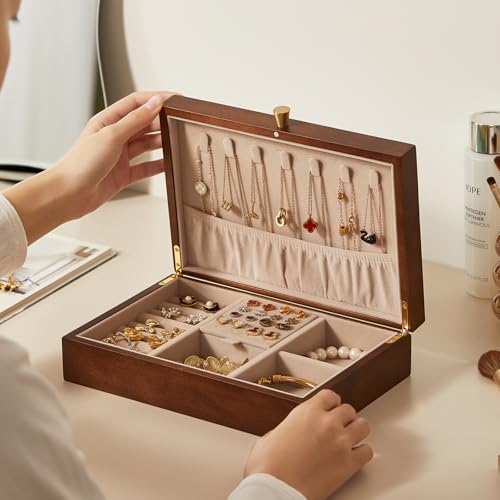 Walnut Wooden Jewelry Box for Women, Magnolia Oil Painting Decor | Small Jewelry Organizer,7 Necklace Hooks, Velvet-Lined, For Watches Rings Earrings Necklace Bracelets, Ideal Gift for Her - style: 1 Layer B