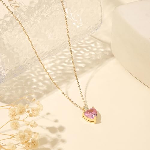 Heart Birthstone Necklace for Women, 14K Gold Plated Birthstone Pendant Necklace Cubic Zirconia Diamond Necklace Dainty Gold Necklace Birthday Gifts for Women Girls - color: 10. October(Pink Tourmaline)