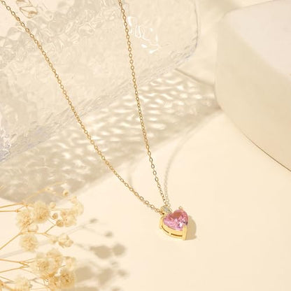Heart Birthstone Necklace for Women, 14K Gold Plated Birthstone Pendant Necklace Cubic Zirconia Diamond Necklace Dainty Gold Necklace Birthday Gifts for Women Girls - color: 10. October(Pink Tourmaline)