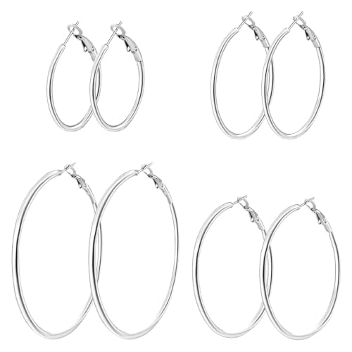 4/6 Pairs 14K Gold Plated Silver Hoop Earrings Set for Women Hypoallergenic | 30 40 50 60 mm, Lightweight Thin Hoops, 316L Surgical Stainless Steel for Sensitive Ears, Everyday Wear to Evening Outfits - color: 4 Pairs(30/40/50/60mm)-Silver
