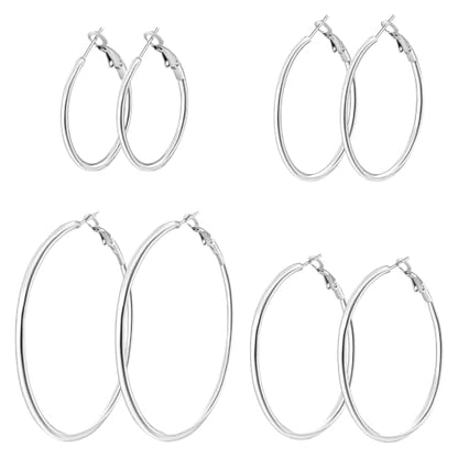 4/6 Pairs 14K Gold Plated Silver Hoop Earrings Set for Women Hypoallergenic | 30 40 50 60 mm, Lightweight Thin Hoops, 316L Surgical Stainless Steel for Sensitive Ears, Everyday Wear to Evening Outfits - color: 4 Pairs(30/40/50/60mm)-Silver