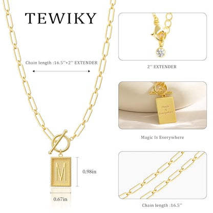 Tewiky Gold Initial Necklaces for Women, Square Letter Pendant Necklace | Toggle Clasp，Trendy 14K Gold Plated Dainty Paperclip Chain Necklaces for Women，Jewelry Gifts - style: Gold M