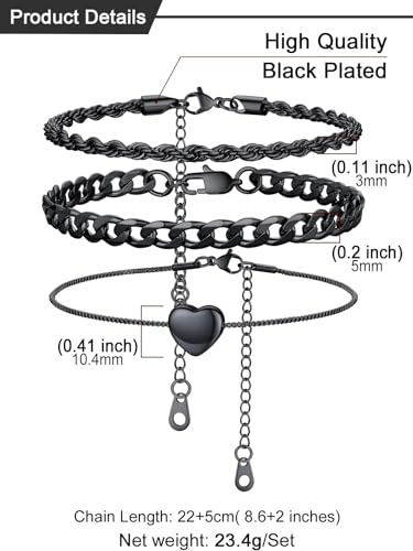 U7 2Pcs/3Pcs Ankle Bracelets for Women, Stainless Steel Cuban Link/Figaro/Rope/Heart Chain Anklets Sets,Waterproof Layered Anklets Adjustable 8.5"-10.5" - color: 04. 3Pcs Style B-Black