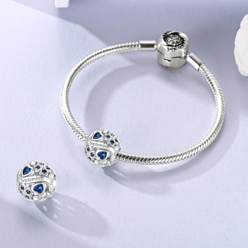 LNQOBU 925 Sterling Silve Lucky Birthstone Charm for Bracelets, With 5A Cubic Zirconia Birthday Charms Dangle Pendant Bead for Pandora Bracelets and Necklaces - color: I1-September