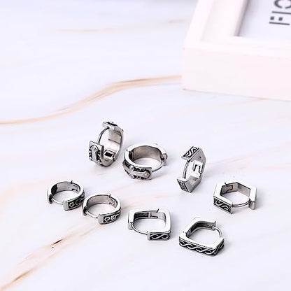 Aroncent 2-8Pcs Womens Mens Huggie Hoop Triangle Earrings Viking Runes Stainless Steel Ear Stud Novelty Black/Gold/Silver - color: D-Sliver Viking Earrings-4PCS