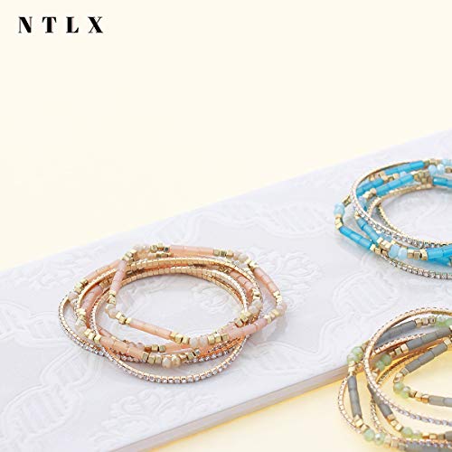 NTLX Multi Strand Beaded Stackable Stretch Bracelets for Women – Bohemian Boho Style Bracelets – Multi Color Layered Statement Bangles - style: Light Peach