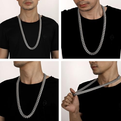 ROWIN&CO Miami Cuban Link Chain for Men 15mm Silver Stainless Steel Curb Necklace, Hip Hop Jewelry, Durable & Anti-Tarnish Mens Chain 18" 20" 22" 30" Inch, Pops Gifts For Fathers Boyfriends, Sons - size: 18 inch