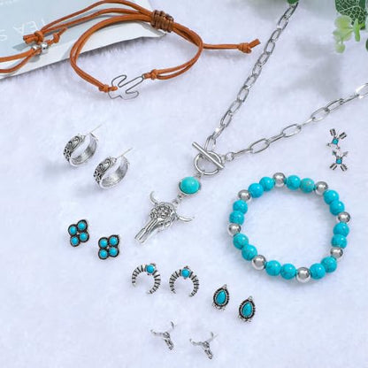 NEWITIN 20 Pieces Silver Bohemian Jewelry Set for Women Fashion Costume Jewels Turquoise Necklace Bracelet Ring Earrings Western Turquoise Jewelry Set for Women - color: Turquoise Jewelry Set A