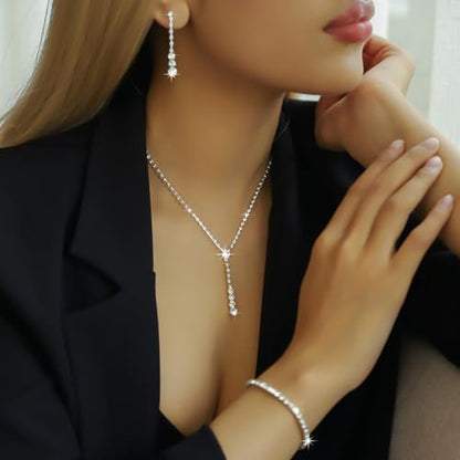 Gold Jewelry Set for Prom,Pearl Necklace Earrings Bracelet Crystal Bridal Wedding Prom Dresses Costume Jewelry Accessories Rhinestone Bridal Jewelry Set for Women - color: Silver