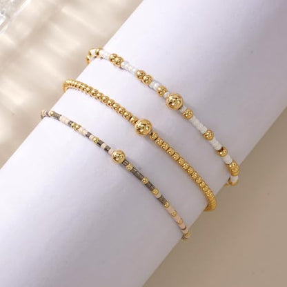 Gold Beaded Bracelet Stack for Women Colorful Small Seed Beads Bracelets Set Boho 14K Gold Plated Ball Stackable Stretch Non-Tarnish Dainty Jewelry Trendy Accessory Friendship Gift - color: khaki and white