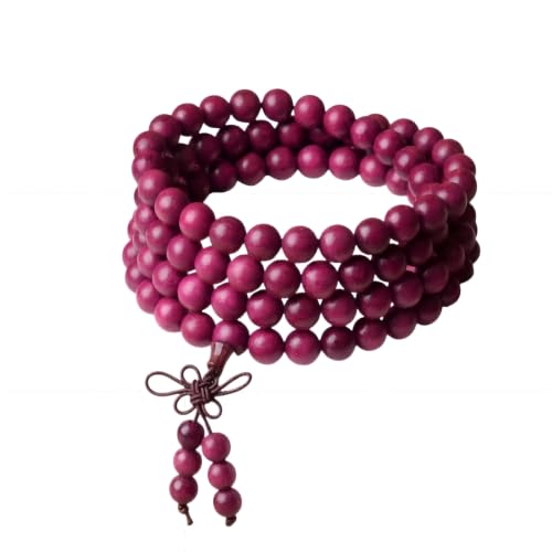 Handmade Mala Beads Bracelet 108 8mm Prayer Meditation Bracelet Sandalwood Elastic, Buddhist Beads, Prayer Mala Necklace for Men and Women Gifts - color: Violet Wood