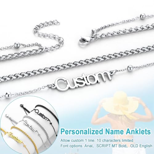 U7 Custom Layered Ankle Bracelets for Women Stainless Steel Bead/Cuban/Figaro/Rope/Wheat Chain Anklet Waterproof Anklet Jewelry for Beach Vacation - color: b-Silver-Wheat Chain
