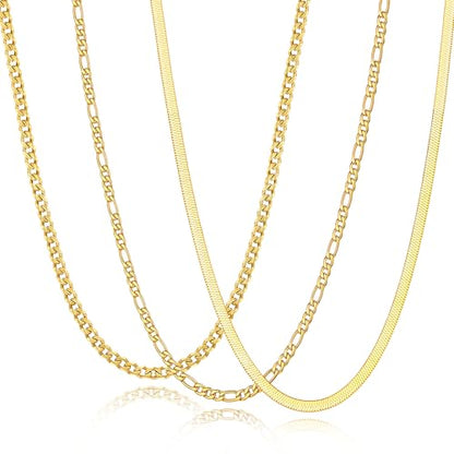 Zocomi 3 PCS Chain Necklace for Men Women, Stainless Steel Cuban Link/Figaro/Herringbone Chains Set Jewelry Gifts, 16/18/20/22/24 Inches - color: Gold, size: 24 inch (60cm)Extra Long Fit