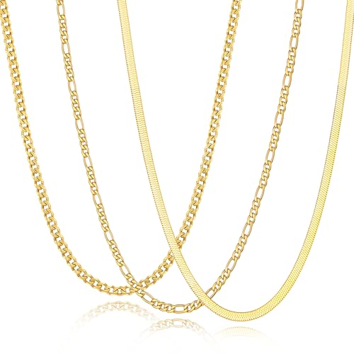 Zocomi 3 PCS Chain Necklace for Men Women, Stainless Steel Cuban Link/Figaro/Herringbone Chains Set Jewelry Gifts, 16/18/20/22/24 Inches - color: Gold, size: 20 inch (50cm)Average Length for Men