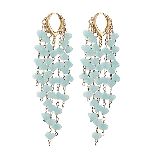 Fringe Hoop Dangle Earrings, Long Beads Tassel Chain Earrings for Women Sparkly Chandelier Earrings - color: Blue