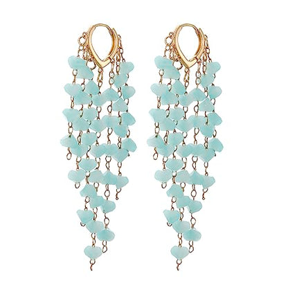 Fringe Hoop Dangle Earrings, Long Beads Tassel Chain Earrings for Women Sparkly Chandelier Earrings - color: Blue