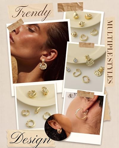 10/11/12 Pairs 16K Gold Plated Clip on Hoop Stud Earrings Set for Women | Non Pierced Earring Set with Chunky Pearl, Twisted CZ Studs and Cute Dainty Dangles, Comfortable Aesthetic Daily Earrings