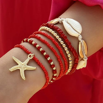 Bohemian Stackable Shell Beaded Ankle Bracelets for Women Colorful Boho Multi-Layer Seashell Gold Starfish Adjustable Handmade Braid Bracelet Summer Beach Holiday Accessories Gifts - color: Red