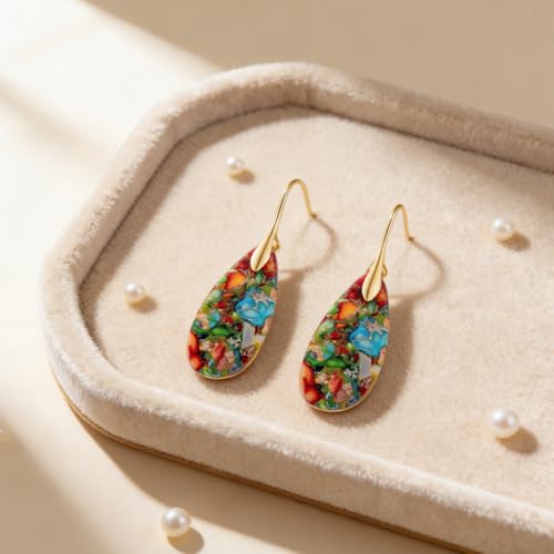 Boho Natural Imperial Jasper Teardrop Dangle Earrings for Women – Hypoallergenic French Hook Stone Drop Earrings Jewelry - color: Colorful Golden Hook #3