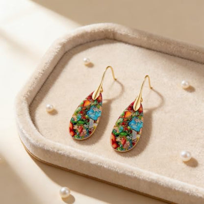 Boho Natural Imperial Jasper Teardrop Dangle Earrings for Women – Hypoallergenic French Hook Stone Drop Earrings Jewelry - color: Colorful Golden Hook #3
