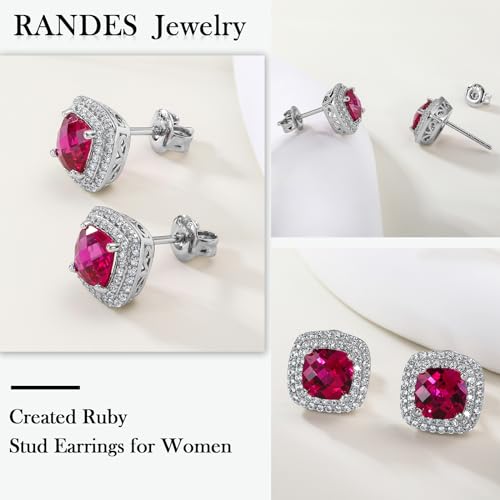 Dainty Birthstone Earrings for Women Sterling Silver Small Stud Earrings with Halo Cushion/Round Created Gemstone Earrings Birthstone Jewelry - style: A 07. July/created ruby-cushion cut