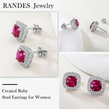 Dainty Birthstone Earrings for Women Sterling Silver Small Stud Earrings with Halo Cushion/Round Created Gemstone Earrings Birthstone Jewelry - style: A 07. July/created ruby-cushion cut