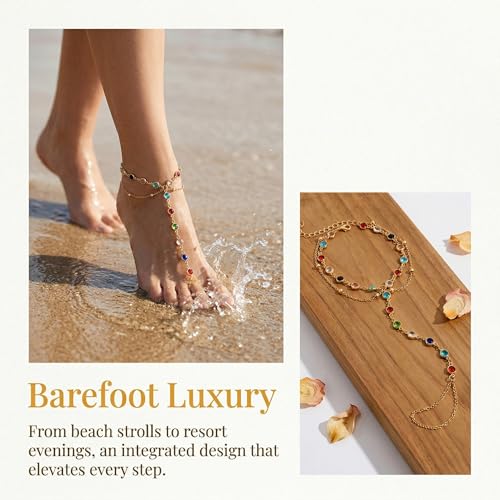 Golden-Tone Link Chain Anklet and Toe Ring Jewelry set for women | Adjustable Link Chain Anklets Jewelry set Colorful Crystal Charms, Star and Heart Accents Summer Beach Boho Foot Jewelry - color: Gold