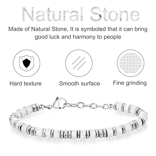 SIUMAL Mens Bracelet, Boho Stainless Steel Bracelets for Men, Beaded Bracelets, Jewelry Gifts for Husband, Father, Friends - color: Silver & White