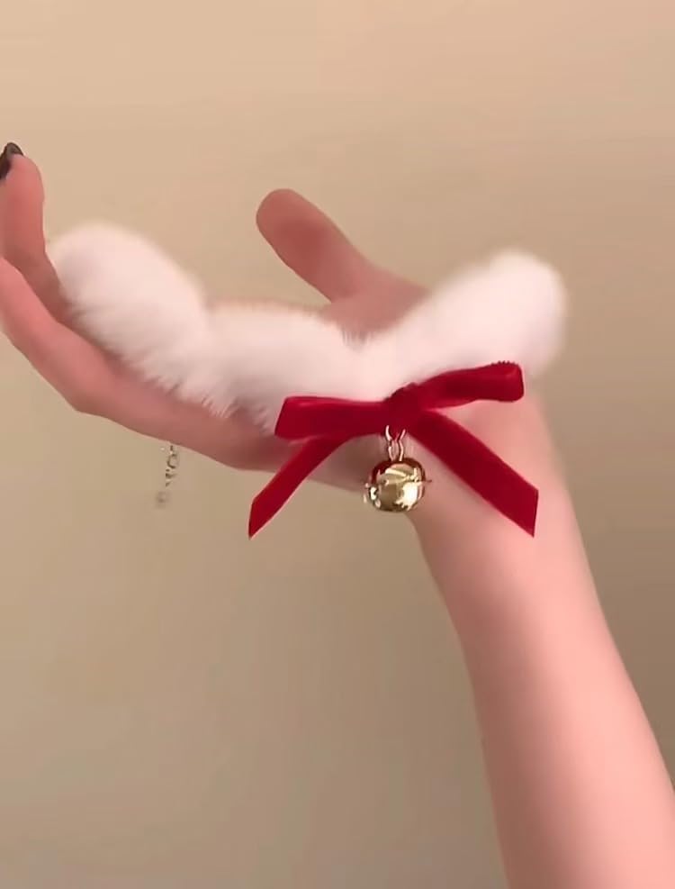 CJIAYUJEW Red Bow Velvet Choker Necklace Sexy Faux Fur Collar Bowtie Long Wrap Rope Neck Chain with Gold Pendant Bell Party Neck Accessories for Women - color: D